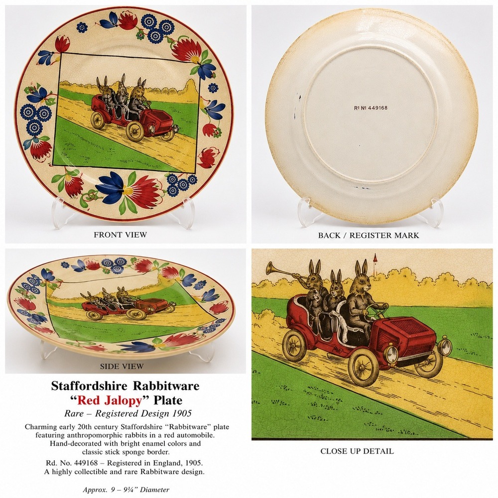 Staffordshire Rabbitware Red Jalopy Plate Antique 1905 Registered Design 449168